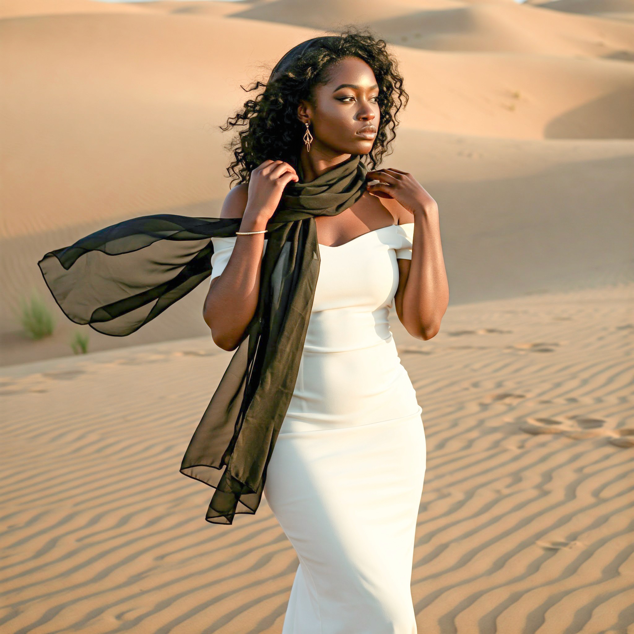 DUNZ photoshoot by Mehdi Meliani, dark skin female model in Sahara desert, black scarf, contrast tones, cinematic fashion photography