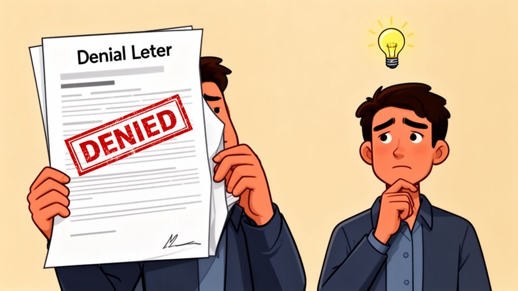 A confused person looking at a document with a denied stamp while having a creative idea.