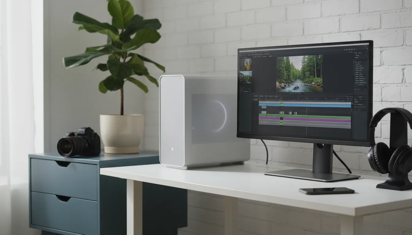DSLR photo of a modern creative workstation, featuring a minimalist silver aluminum PC tower on a white desk. Beside it, a monitor displays a video editing software interface with an abstracted timeline and a nature video preview. The desk includes black over-ear headphones and a smartphone. A black DSLR camera rests on a slate blue side cabinet, with a potted plant against a white painted brick wall in the background. The scene is captured with soft, natural daylight and a shallow depth of field, creating a focused, professional look.