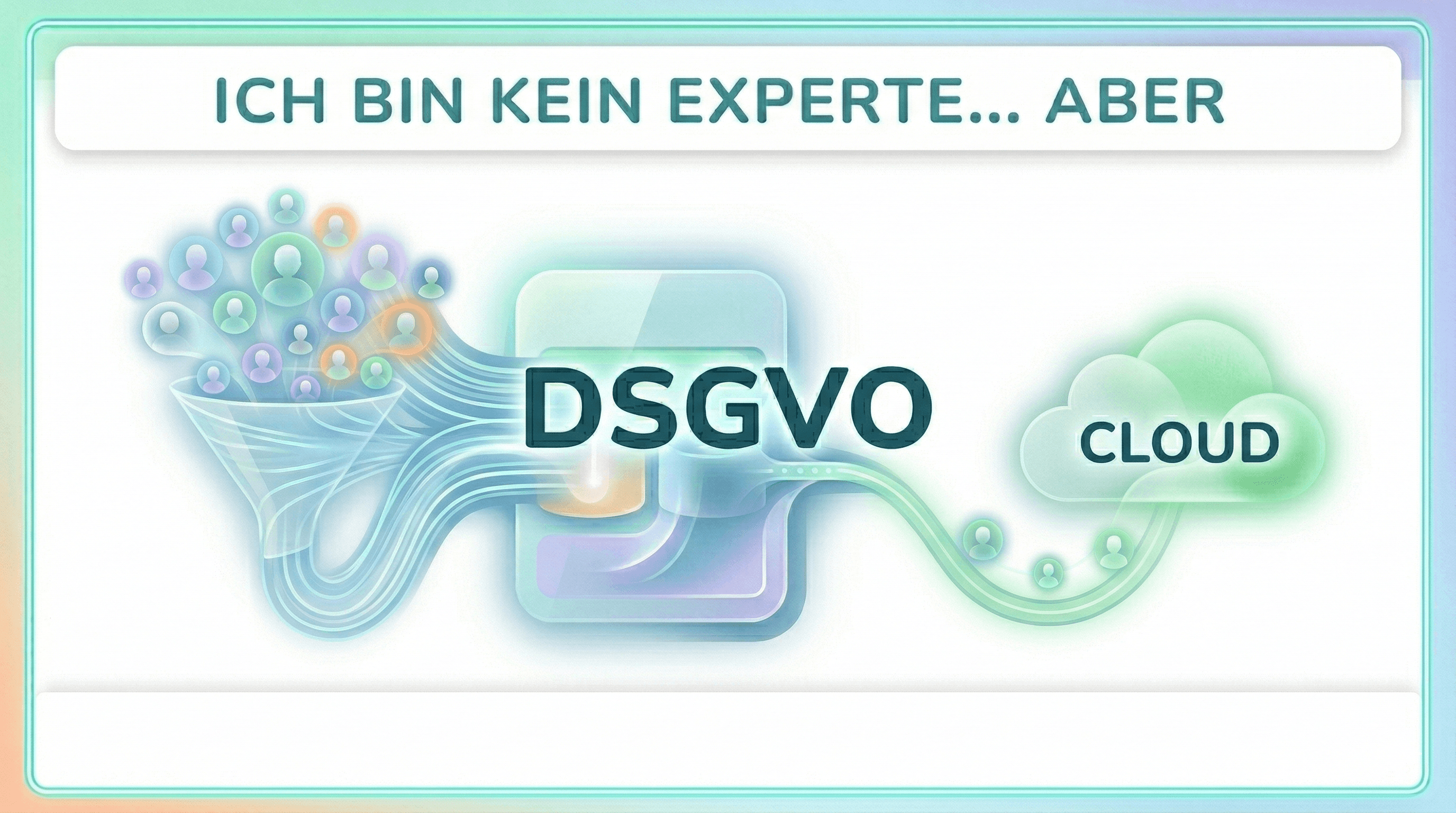 Ein helles, technisches Architektur-Diagramm auf mintgrünem Hintergrund mit dem Titel "ICH BIN KEIN DSGVO-EXPERTE... ABER". Das Bild zeigt den Datenfluss einer Flutter-App: Auf der linken Seite fließen Nutzerdaten (PII und Gesundheitsdaten) durch einen Trichter in eine "Native Flutter App". Im Zentrum ist die App-Struktur mit Komponenten wie "ConsentCubit", "Secure Storage" und einer kritisch markierten "globals.dart" dargestellt. Zwei Pfeile führen nach rechts zu "External Services" (Sentry/Analytics): Ein roter Pfad markiert DSGVO-Risiken (kein Android-Consent, Sentry PII aktiv), ein grüner Pfad zeigt die korrigierte Lösung (Granularer Consent, bereinigte Sentry-Daten). Rechts unten befindet sich eine "GDPR Checklist" mit Verweisen auf die Artikel 6, 9, 15 und 32.