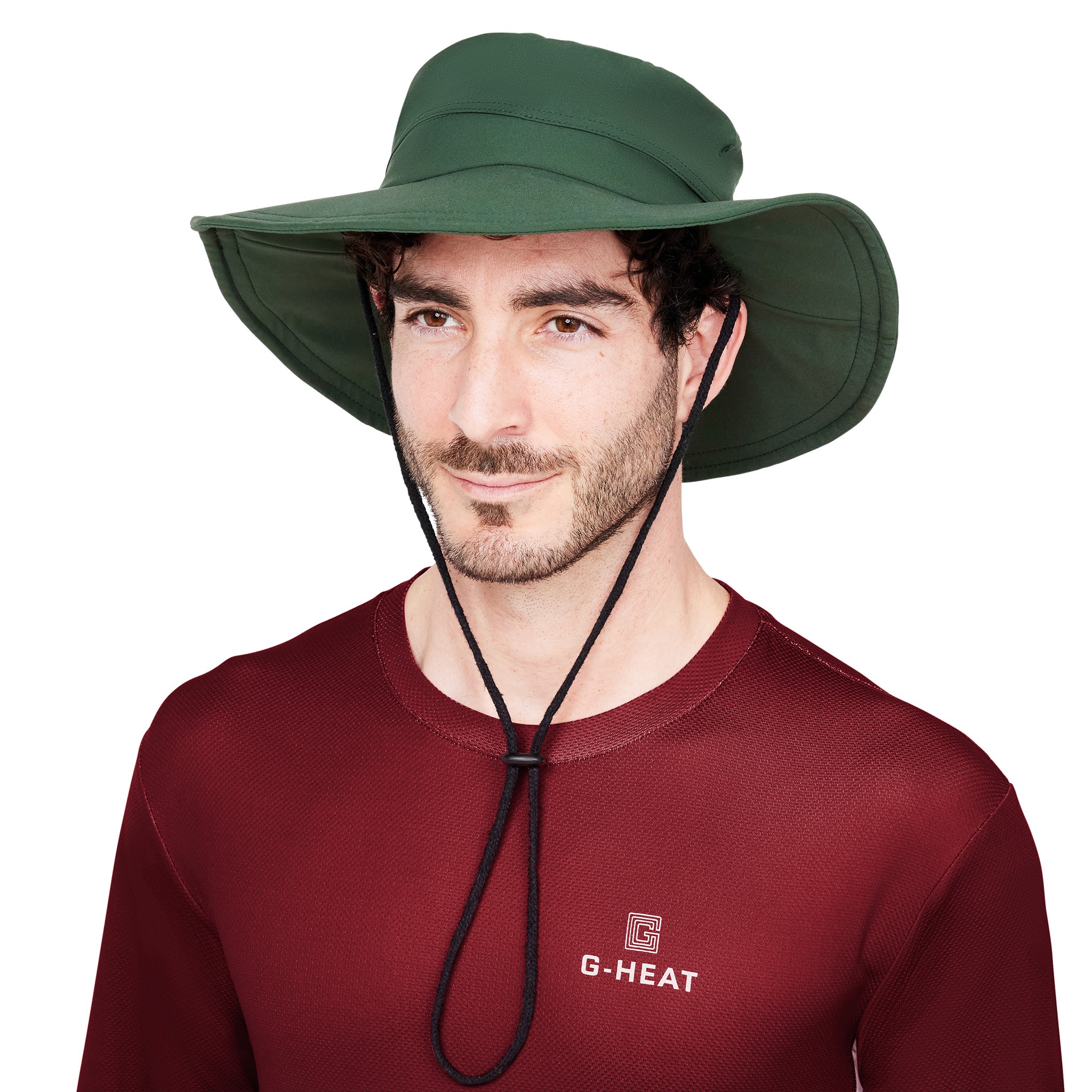 G-Heat khaki UV-protective cooling hat, worn by a man in front view, white background