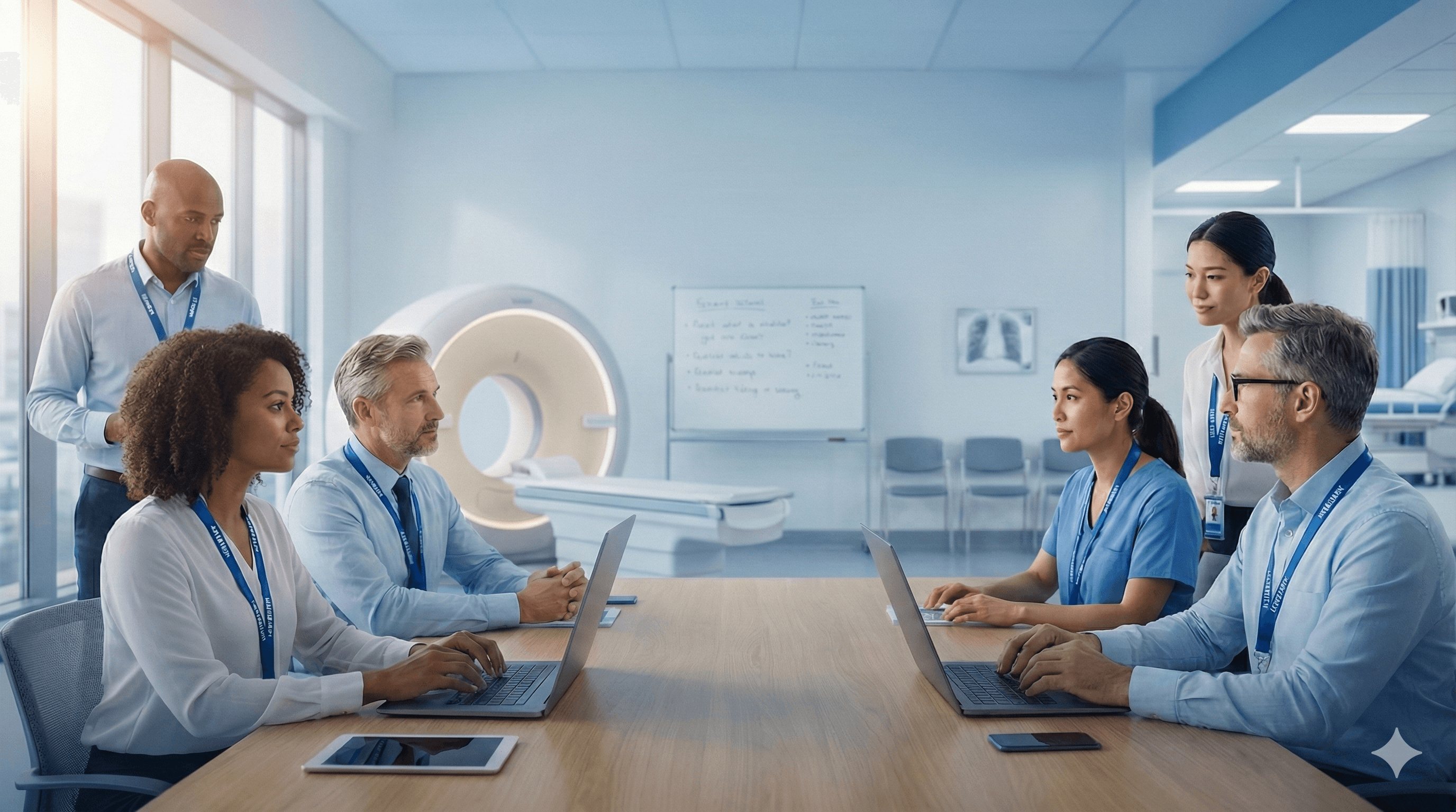A diverse group of professionals, wearing lanyards, collaborate with laptops at a conference table in a brightly lit modern office, while a Philips-branded MRI machine is visible in the background, conveying an advanced healthcare setting.