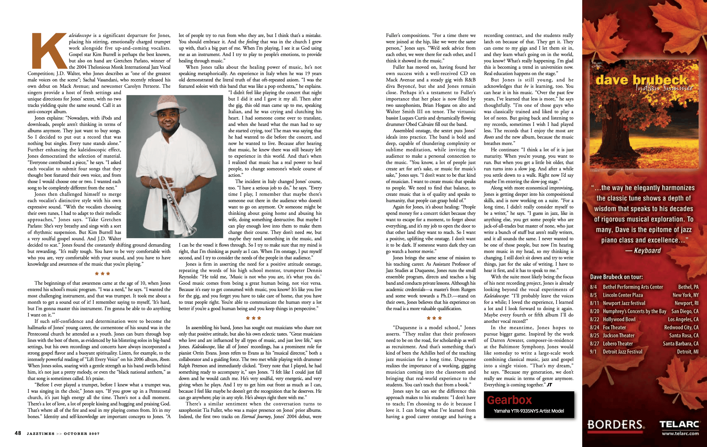 Two-page spread from JazzTimes magazine featuring trumpeter Sean Jones