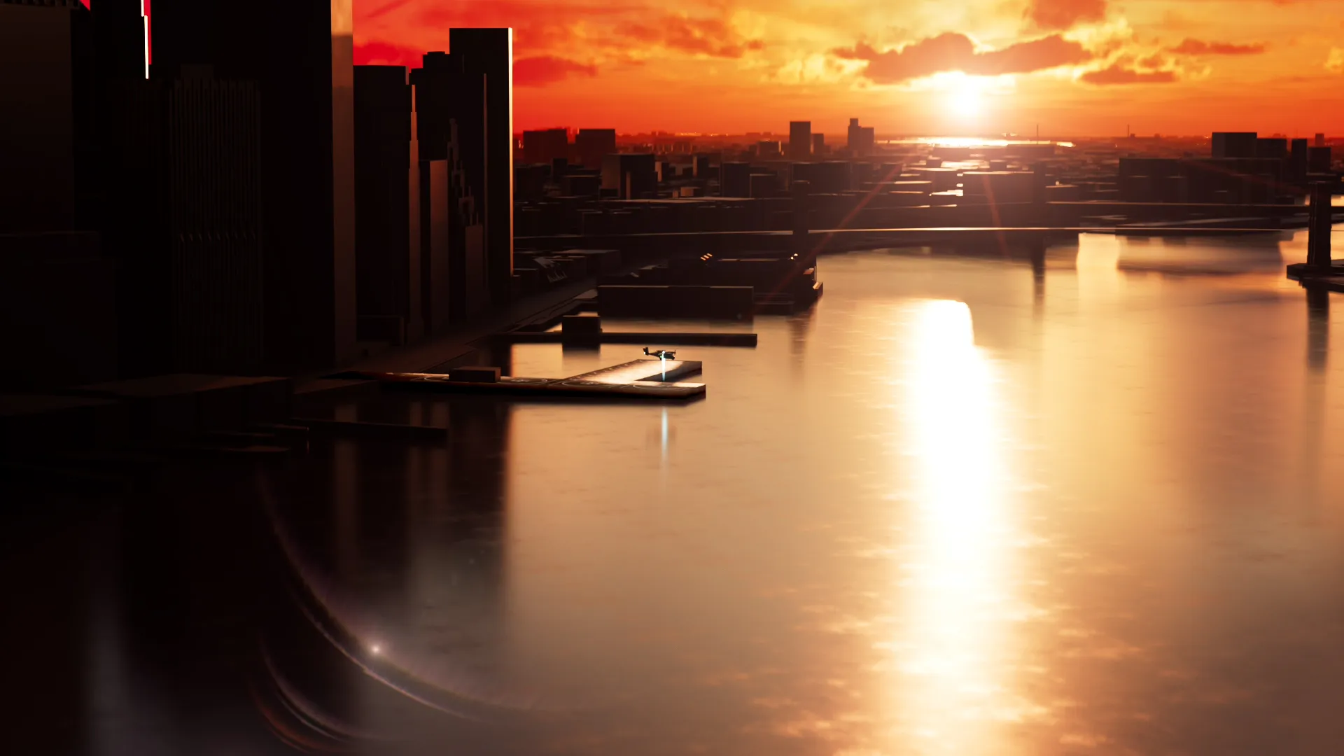 Sunset city skyline over water with a vertiport platform extending from the shoreline