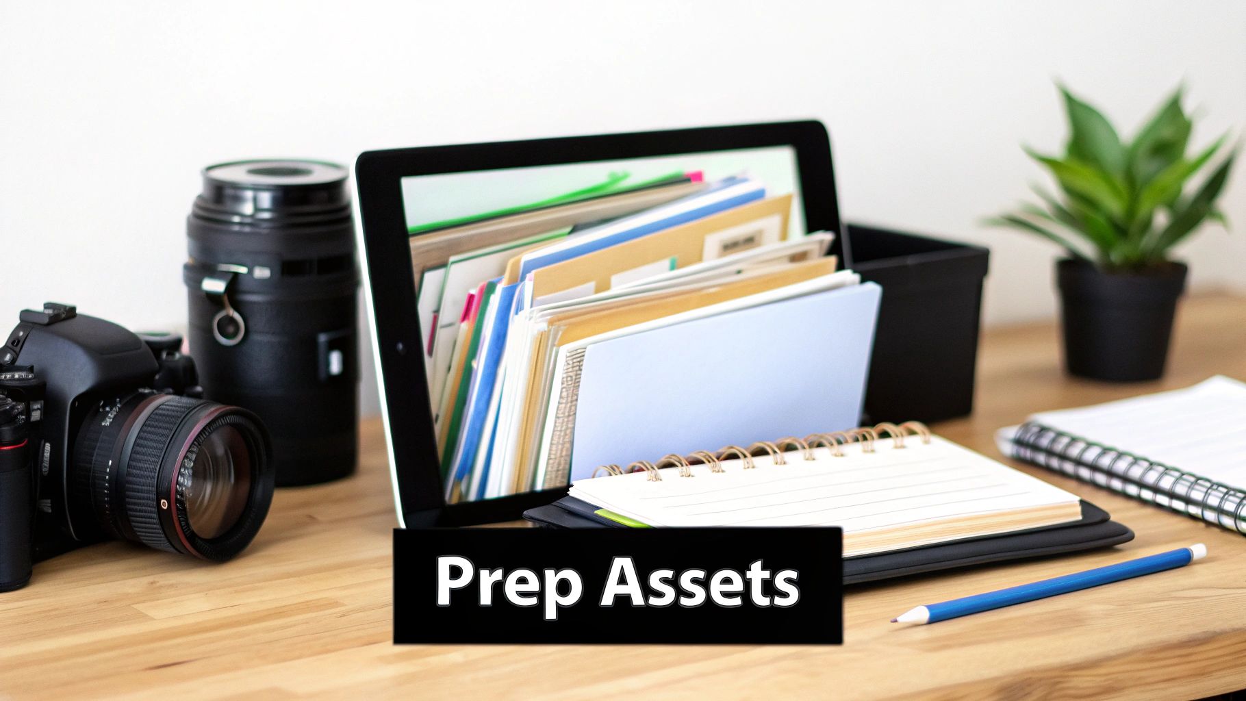 A creative workspace featuring a camera, tablet displaying organized digital assets, notebooks, and a pencil.