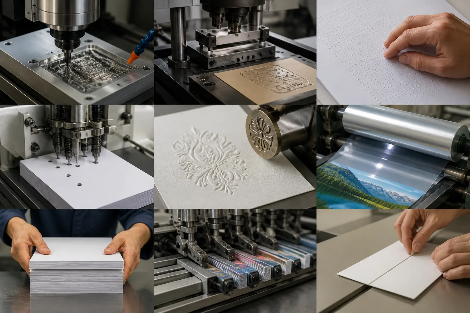 Other graphic activities such as die sinking or die stamping, braille copying, punching and drilling, embossing, varnishing and laminating, collating and insetting, creasing