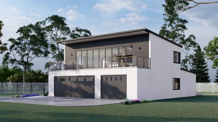 Two-story white modular home with a large balcony on top of a triple garage. There are two garage doors, situated in a landscaped yard with trees and flowers.