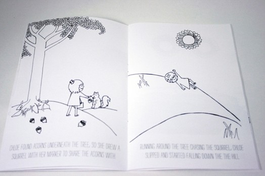 coloring book with a girl feeding a squirrel on a field, under a tree