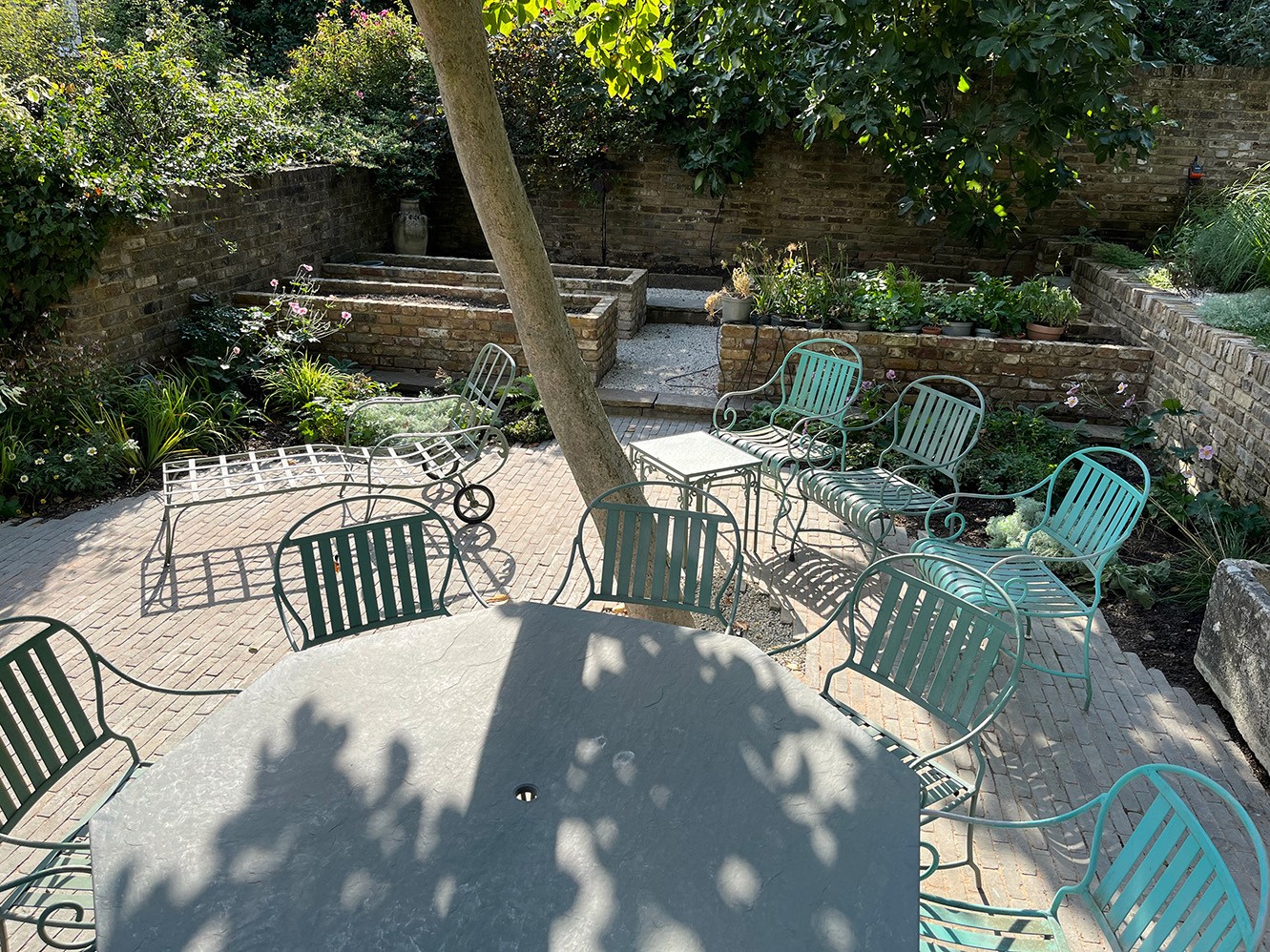 A backyard patio with chairs and a table under a tree, surrounded by greenery and shadows on the ground.