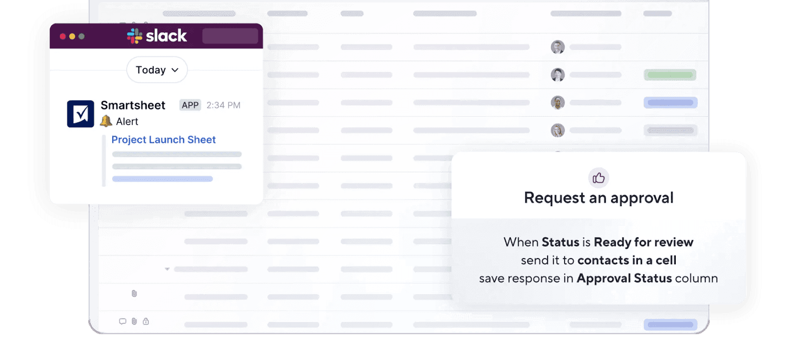 Smartsheet interface showing project alerts and approval requests.