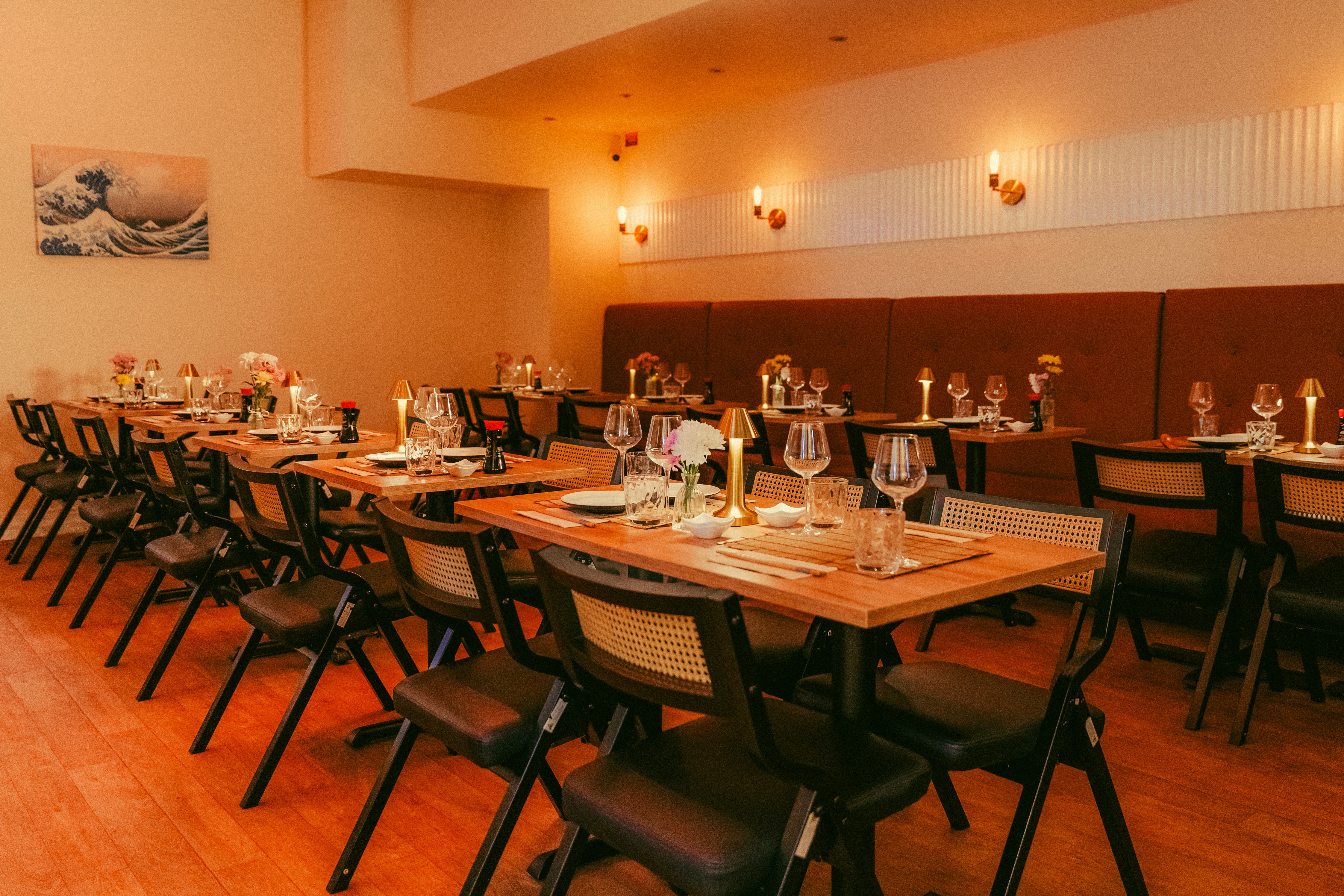 Private hire event space East London, Halal and Vegan sushi catering, 40 person capacity restaurant with private bar.