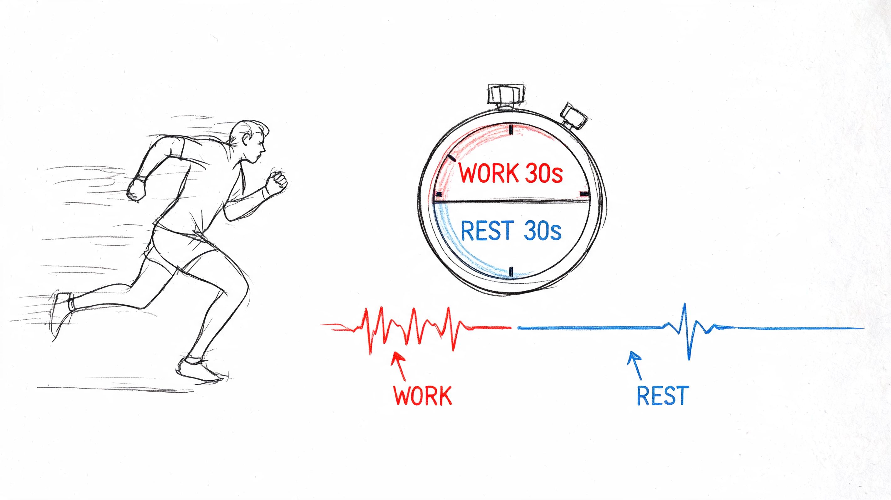 A diagram illustrating interval training with a running figure, a timer, and heart rate patterns for work.