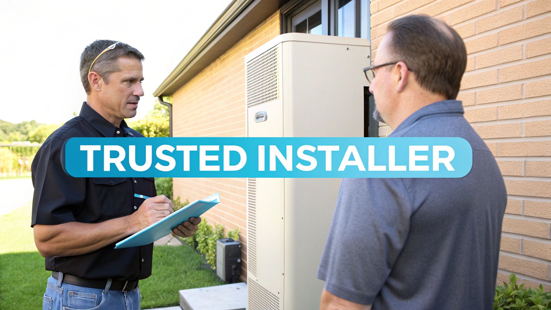 A trusted installer discusses a home backup power system with a customer, outdoor scene.