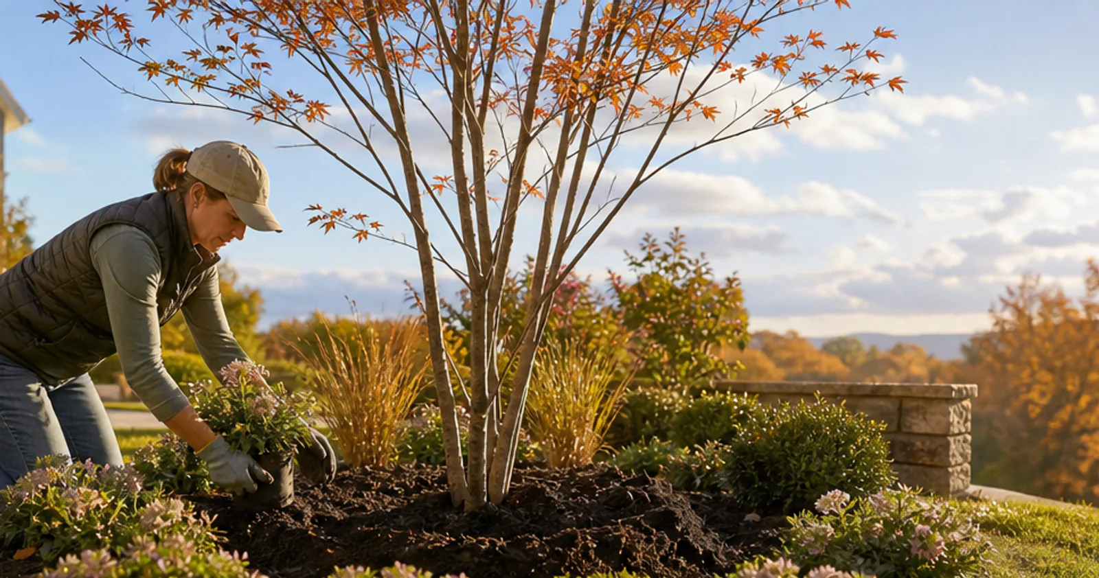 Gardener planting a young tree and perennials on a clear autumn day