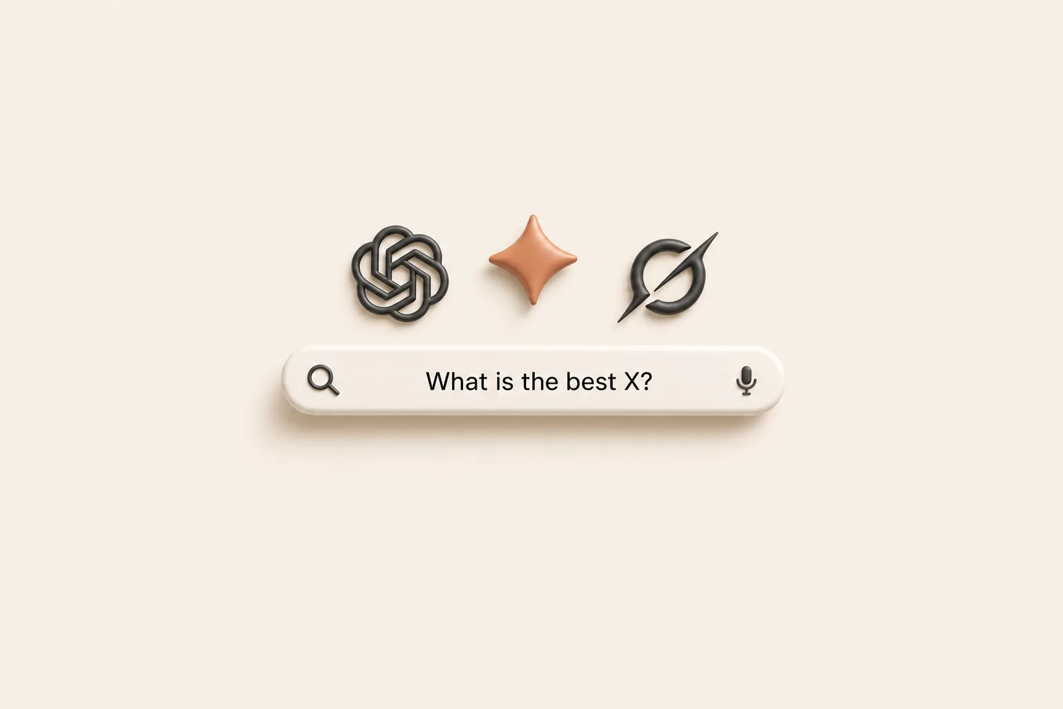 Minimal 3D search bar asking what is the best X with ChatGPT, Gemini and Perplexity marks above