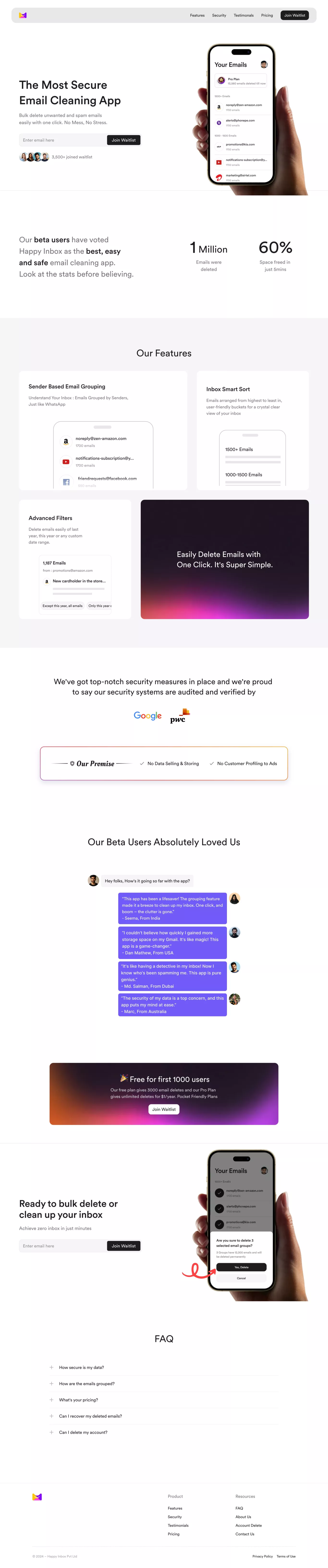 Happy Inbox landing page screenshot showcasing Tech design