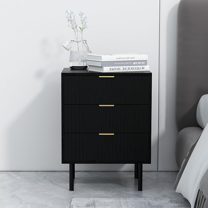 Elegant black fluted nightstand with ample storage space and a timeless design.