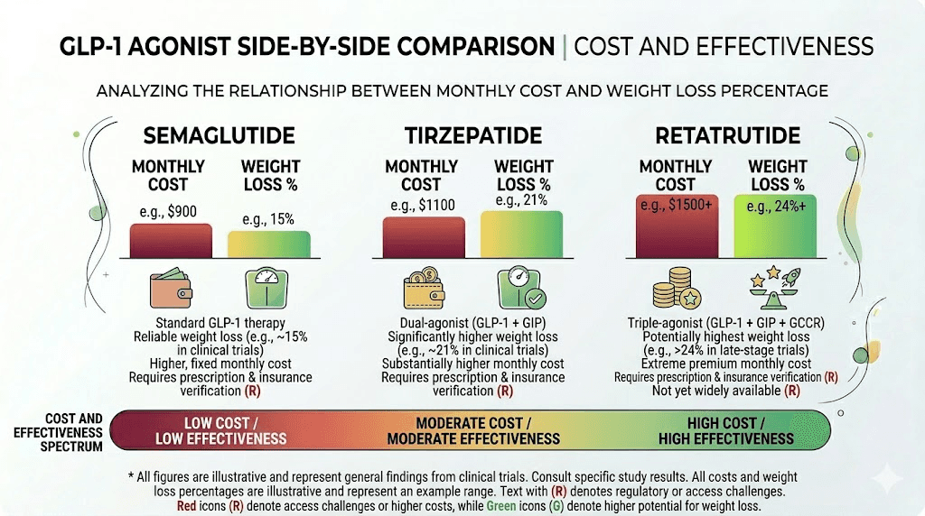 Retatrutide vs semaglutide vs tirzepatide cost and efficacy comparison