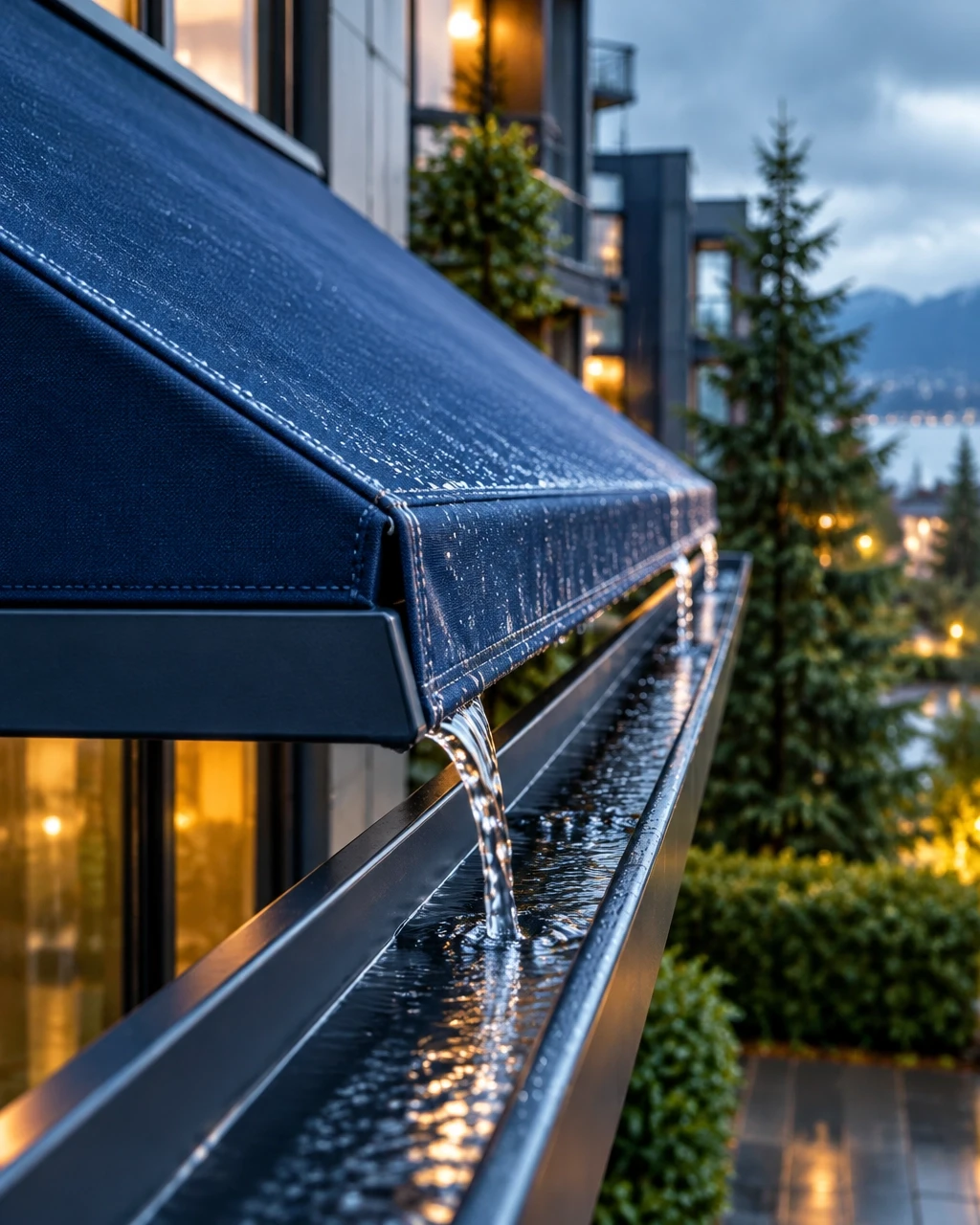 Clean awning edge with clear drainage and a refreshed Vancouver property in the background