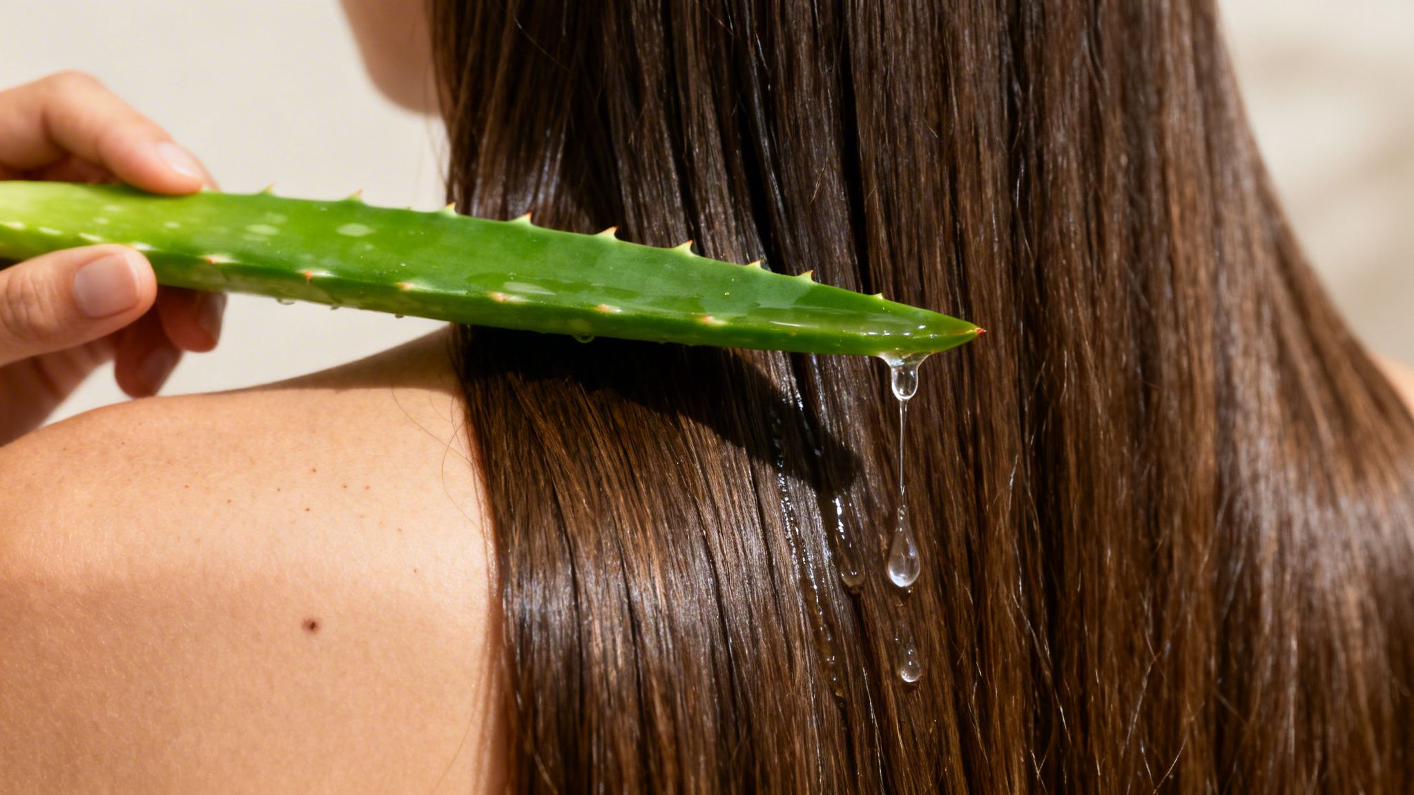 An aloe vera leaf with aloe leaking with a womans heair in the background