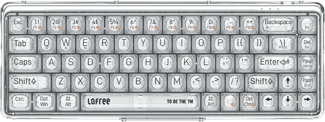 Lofree 1% Transparent mechanical keyboard, a compact keyboard with fully clear keycaps and case, shown from above.