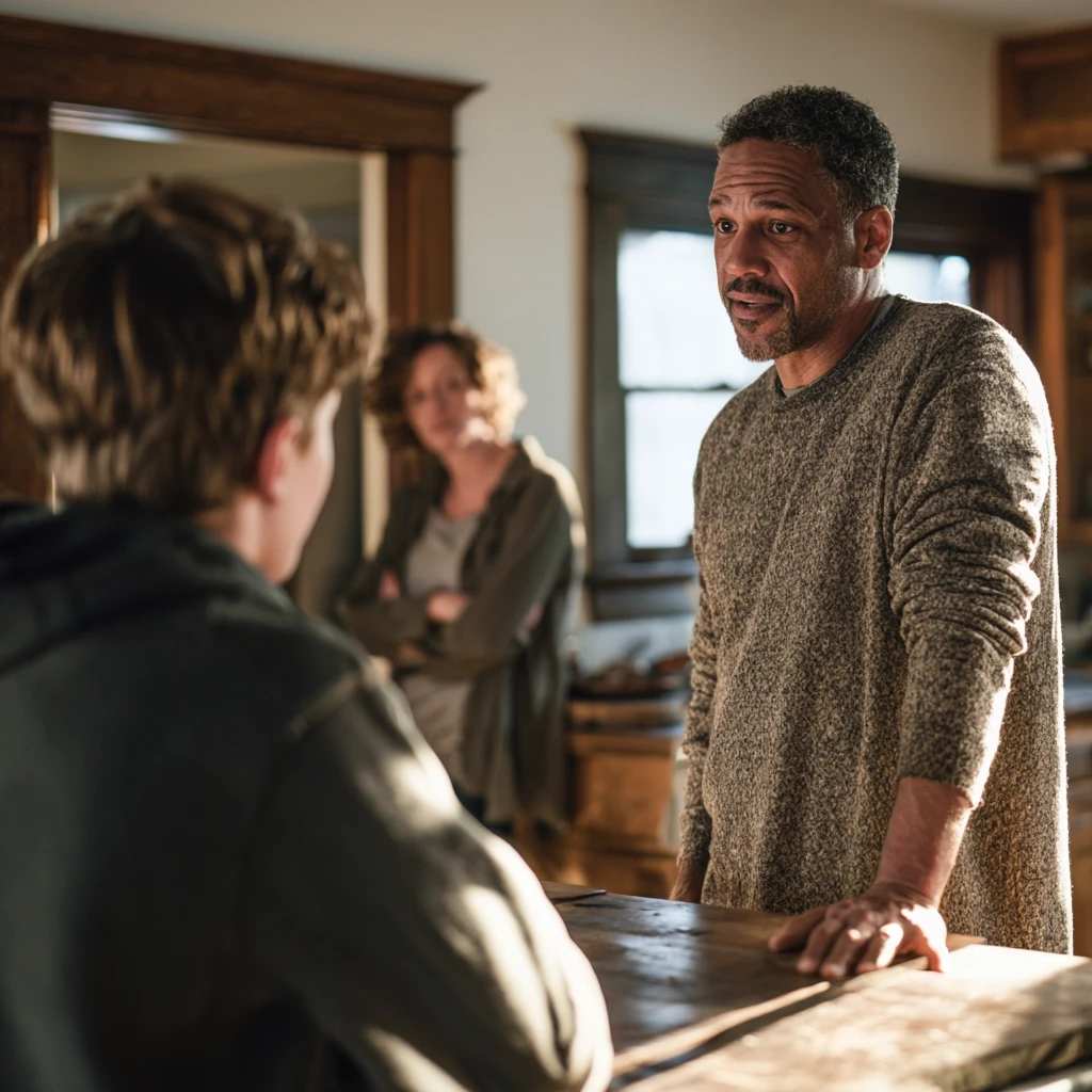 A father standing firmly in the kitchen, speaking calmly with his teenage son while his partner listens in the background.