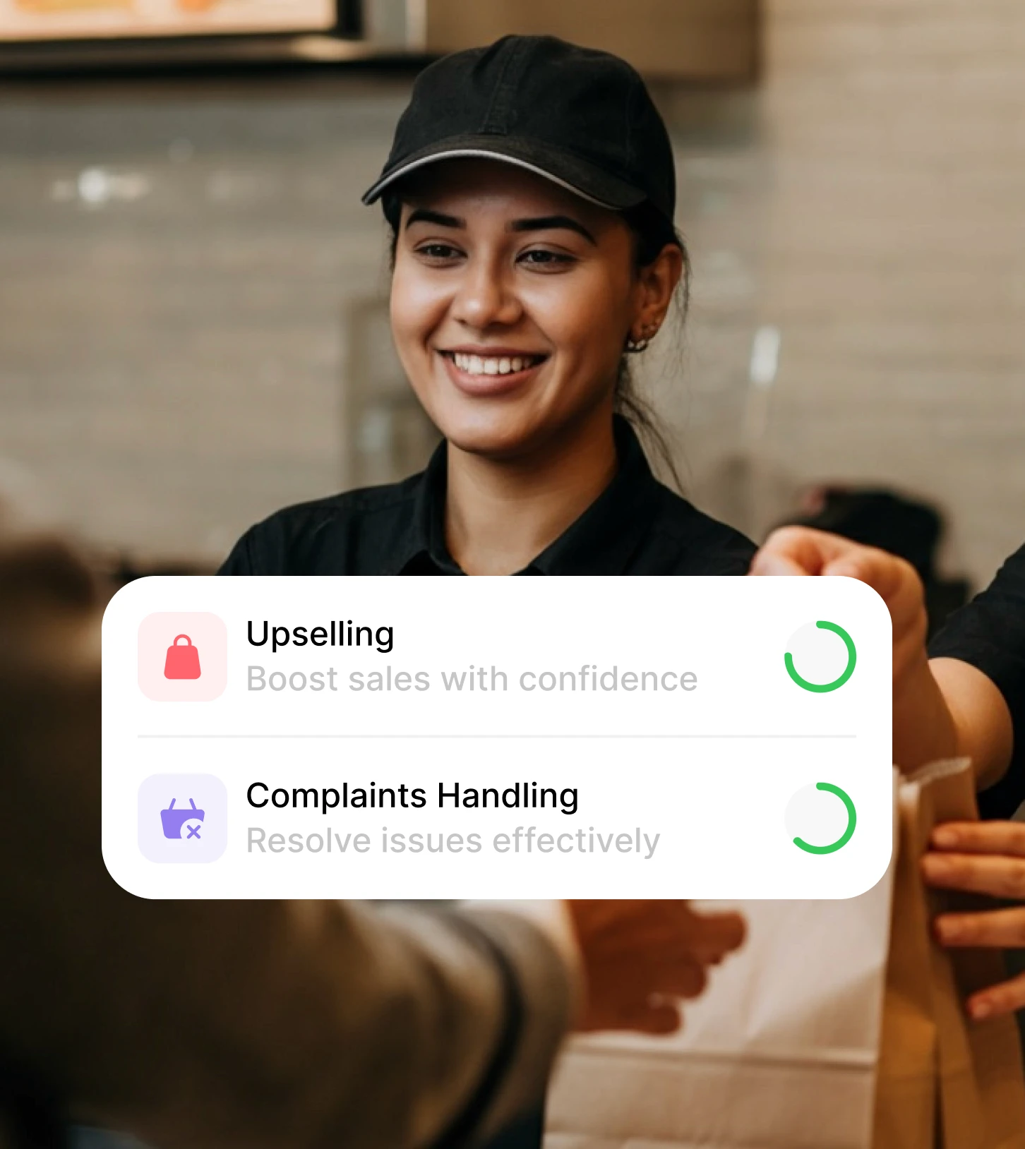 A person in a white shirt holds a notepad and pen, taking an order from a customer who is pointing at the menu. The setting, an outdoor café with greenery in the background, feels mobile-friendly and inviting, perfect for multilingual gatherings.