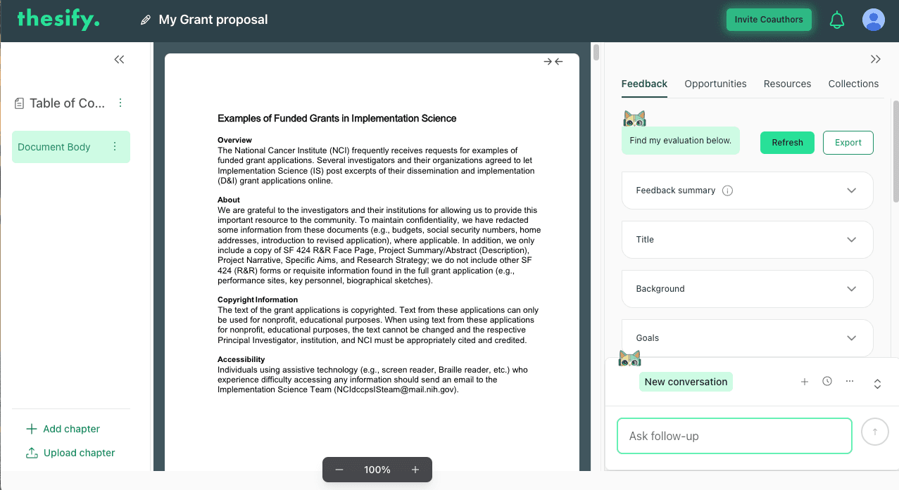 thesify grant proposal workspace showing the document viewer and a right-hand Feedback panel with Refresh and Export buttons, section dropdowns, and an Ask follow-up field.