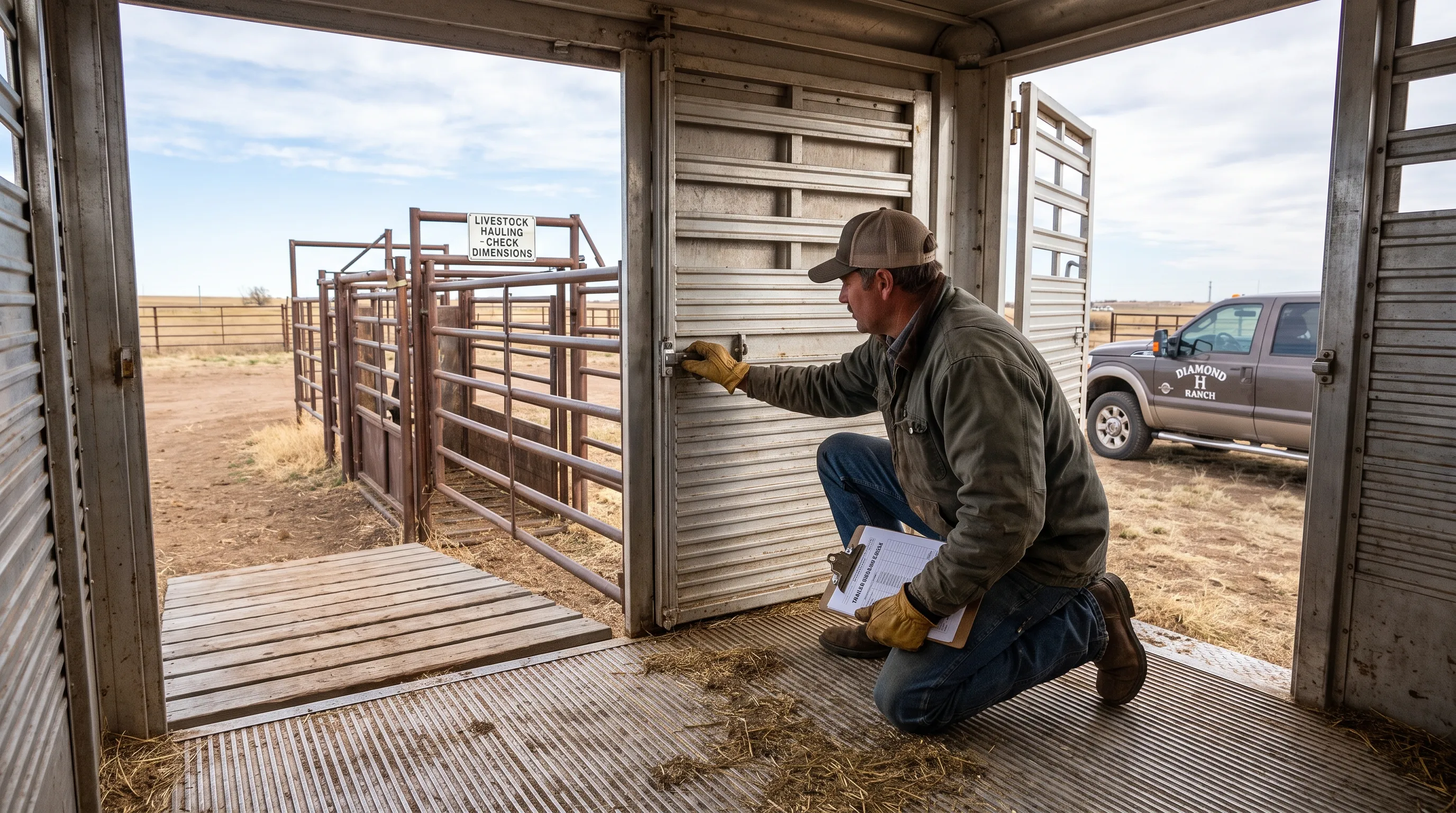 A hauler checks the floor and partition gates inside a stationary stock trailer beside a ranch chute, confirming the loading opening fits the planned livestock shipment.