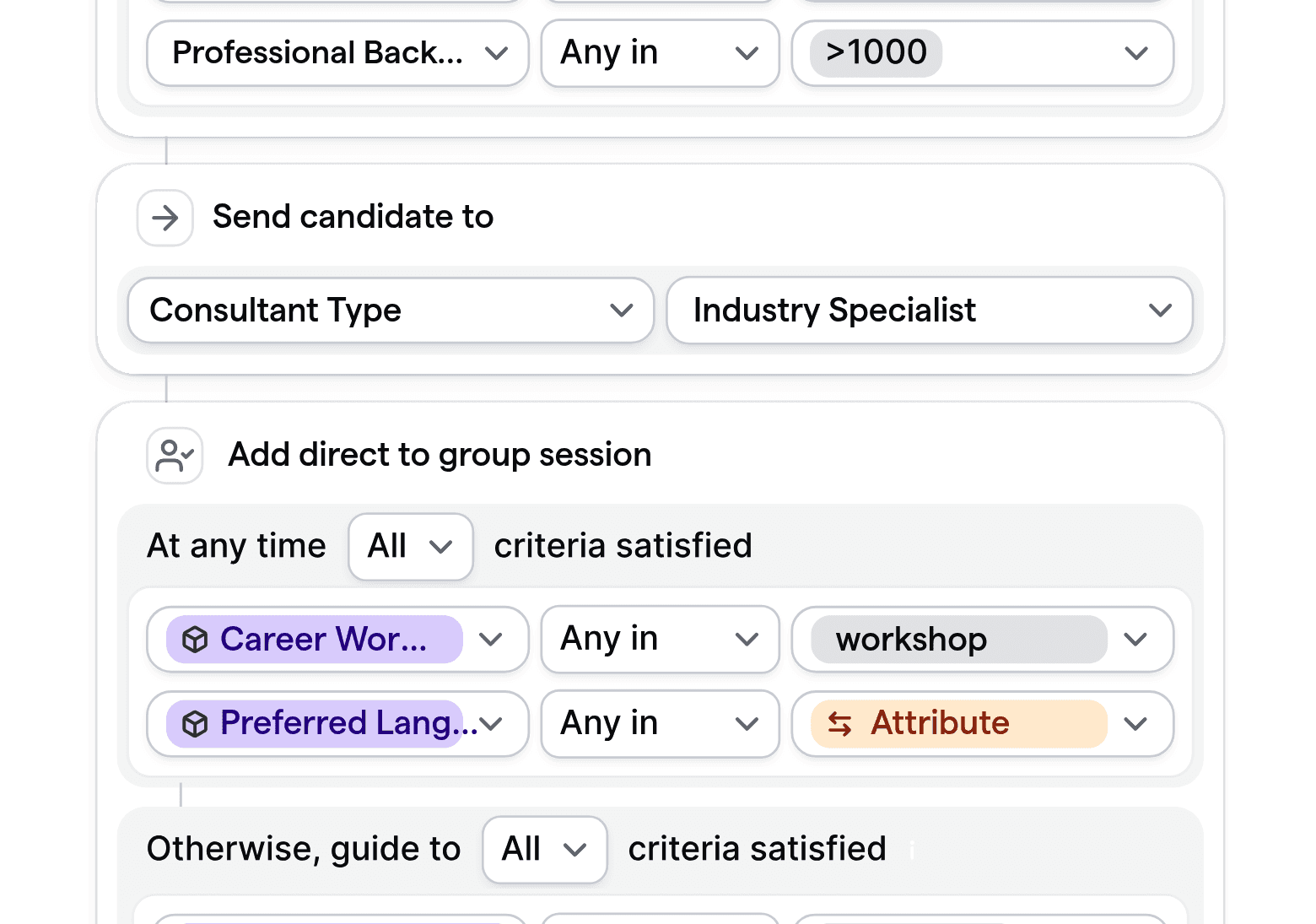 Customizable logic flow for routing outplacement candidates to consultants or group sessions