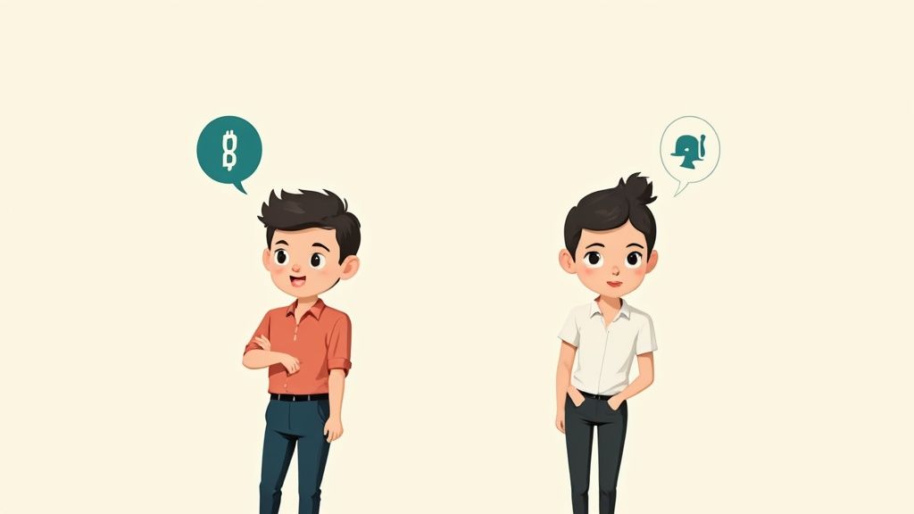 Zwei Cartoon-Figuren, ein Junge und ein Mädchen, denken über digitale Symbole nach: Bitcoin und eine Glocke.