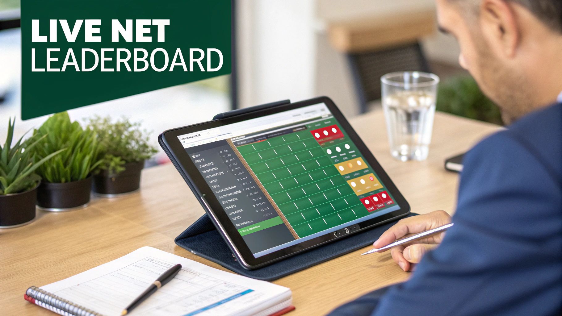 A man views a golf live net leaderboard on a tablet, with notes and plants on a desk.