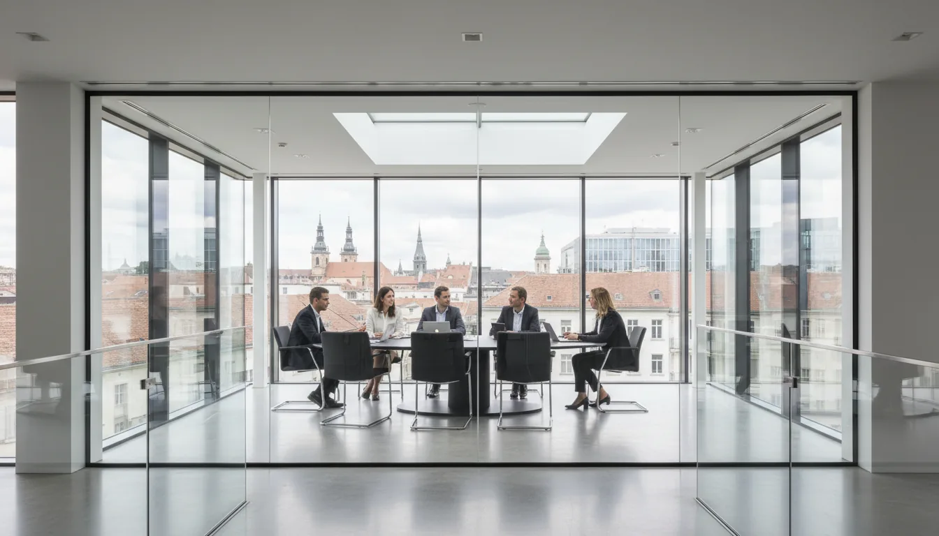 DSLR photograph of a modern corporate office, wide-angle shot looking into a glass-walled mezzanine conference room. Five business professionals are seated around a large black oval table in a meeting. The room is brightly lit by natural daylight from large windows and an overhead skylight. Outside the windows, a European cityscape is visible. In the foreground, a polished concrete floor and a sleek glass balustrade reflect the light. The overall aesthetic is clean, architectural, with minimalist black furniture and sharp focus throughout.