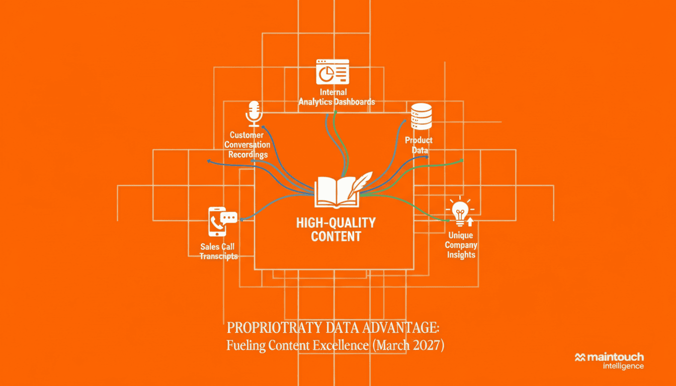 A professional illustration showing first-party data sources flowing into content creation. Visual elements include: customer conversation recordings, internal analytics dashboards, product data, sales call transcripts, and unique company insights converging into high-quality content. Use blues and greens to represent valuable data. Modern, tech-forward design with a focus on proprietary information and competitive advantage.
