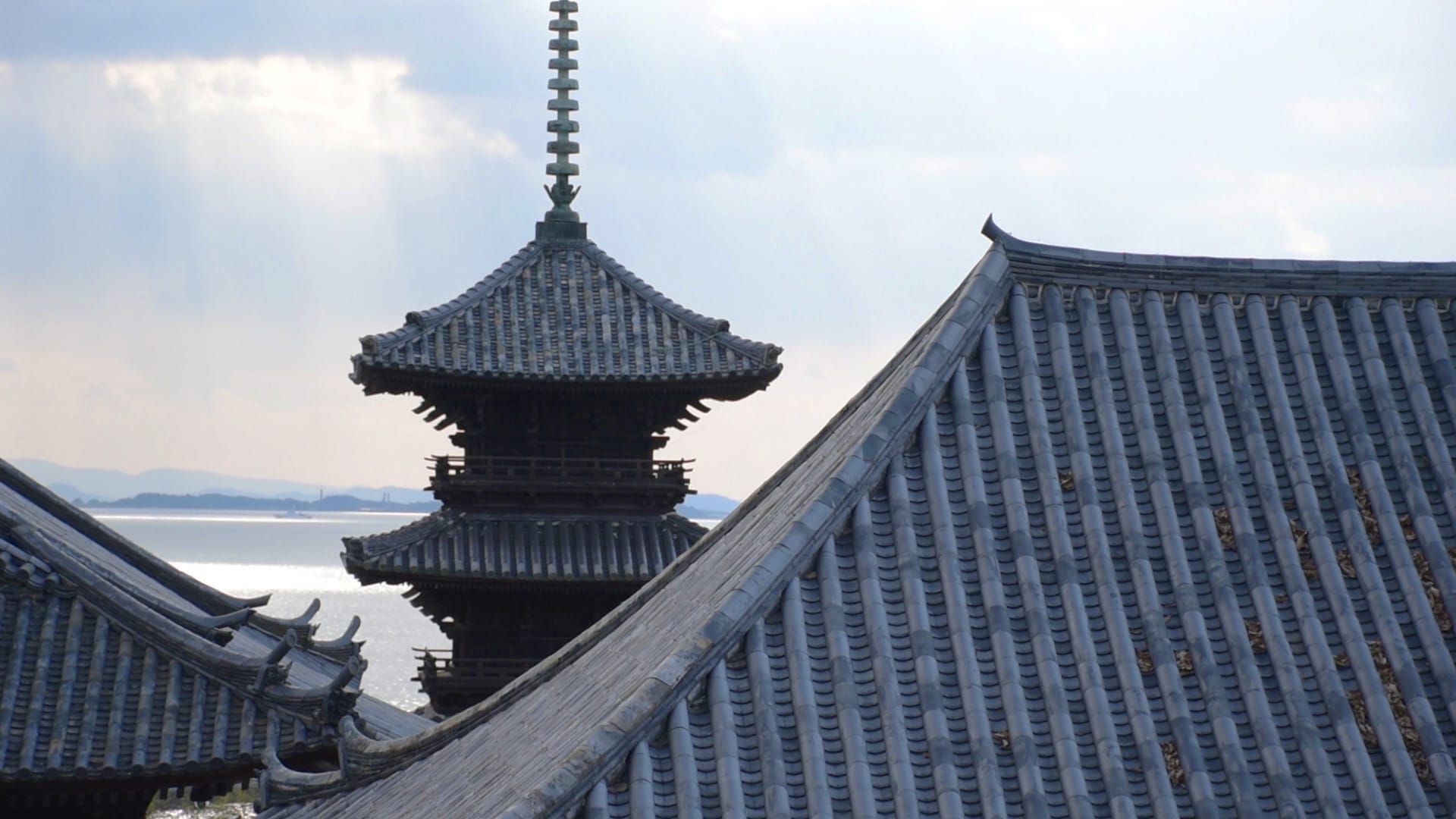 View of the temple and pagoda with the Seto sea in the background