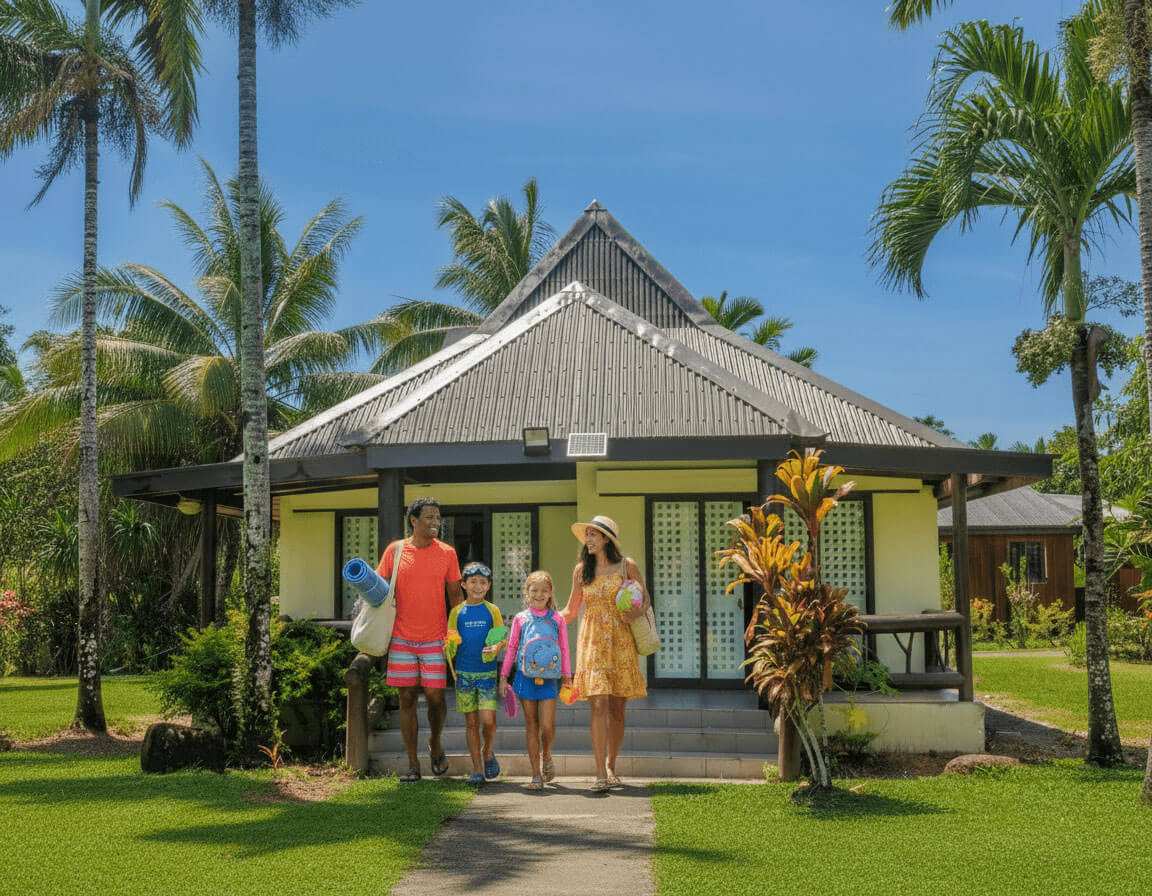 A family outside of a villa at a beachside resort in Fiji