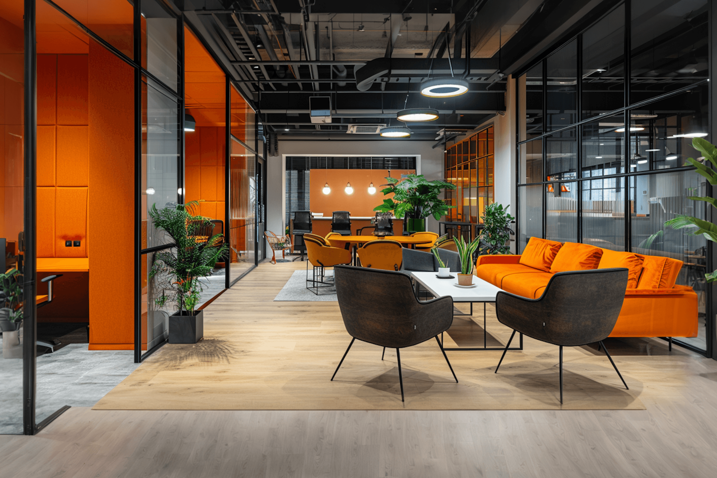 Modern office workspace with glass meeting rooms, orange seating area, and indoor plants.