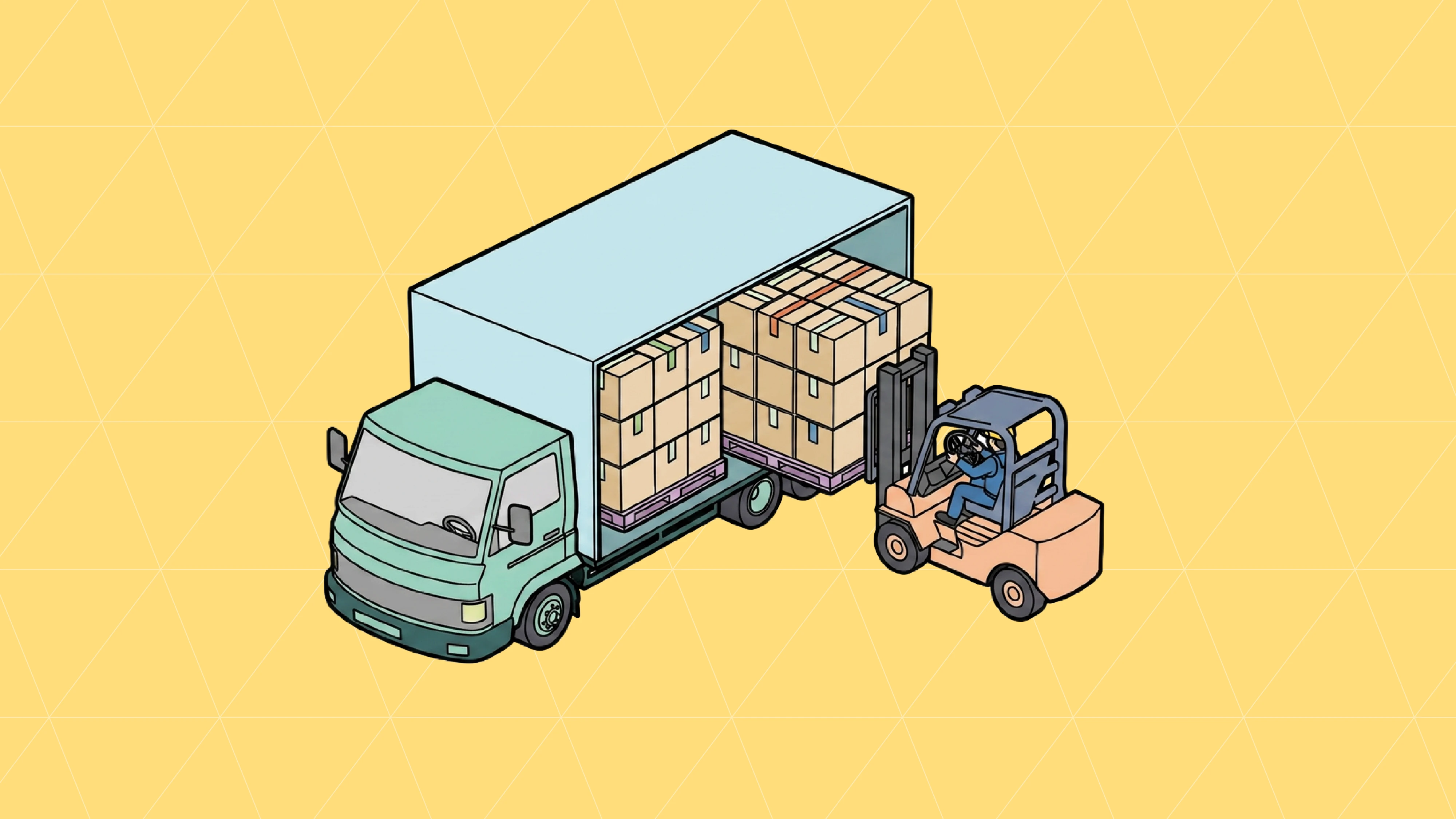 Isometric illustration of a forklift operator unloading palletised boxes from the back of a delivery truck against a yellow background.