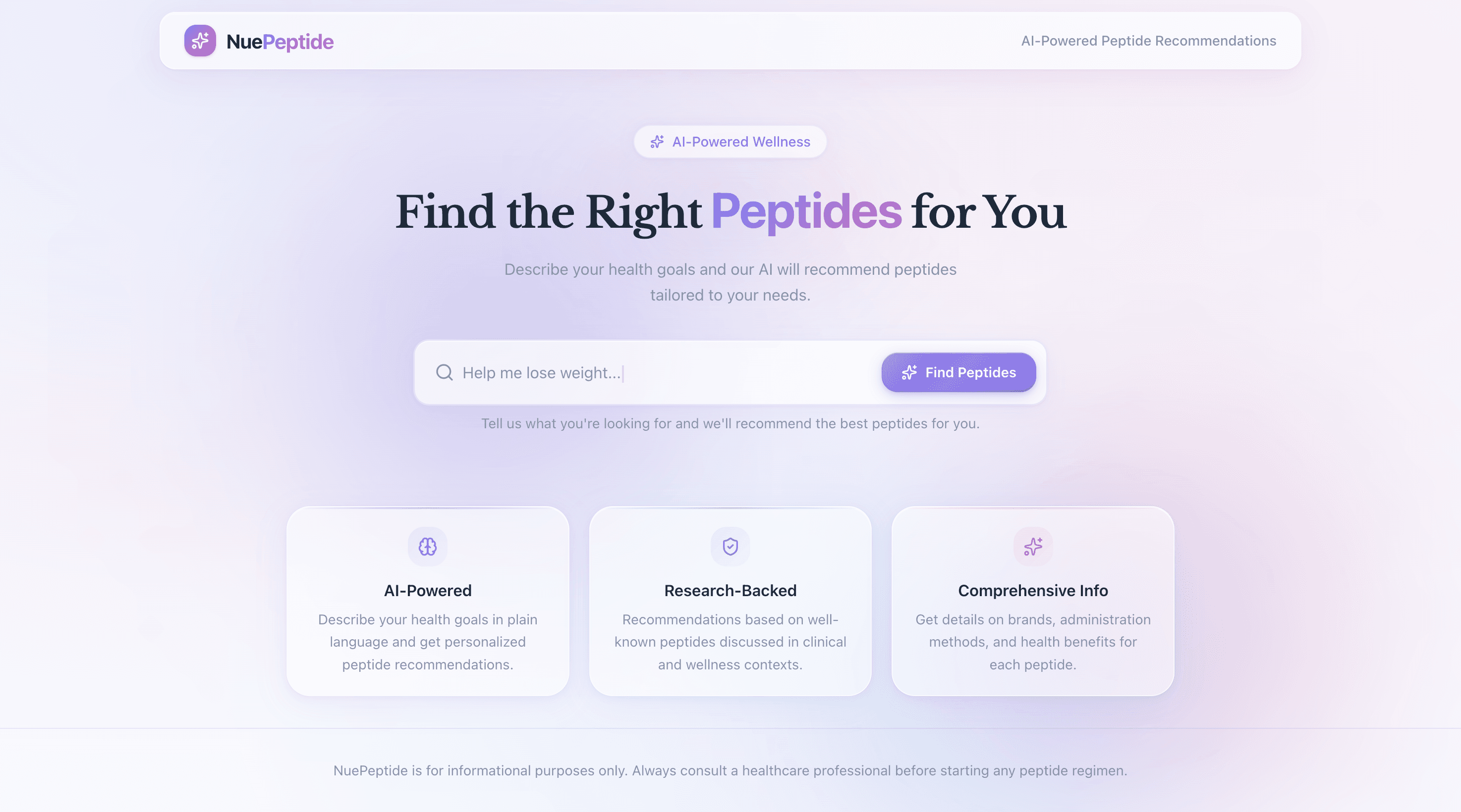 AI wellness site hero with peptide search bar and clean purple design