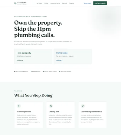 Property management website template preview with management fee calculator