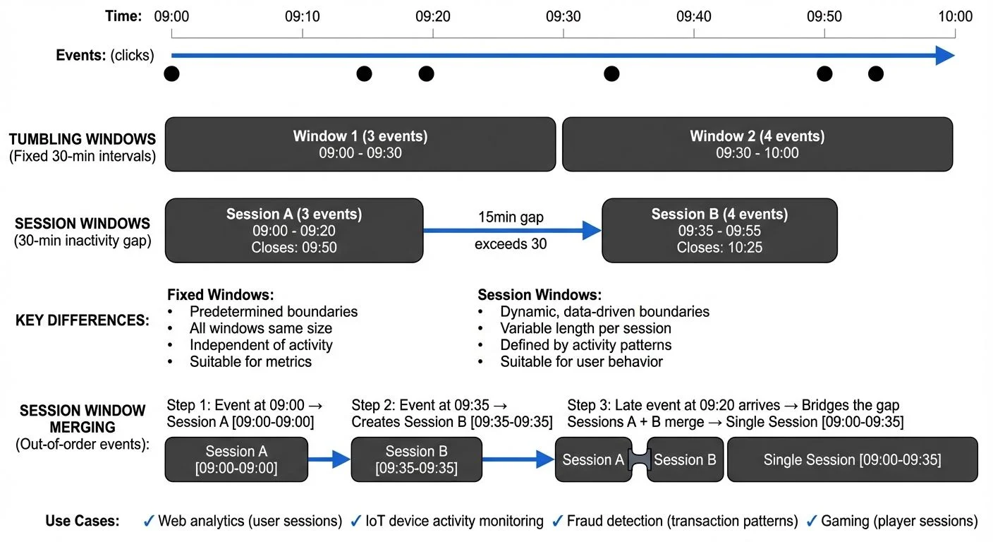 Session window behavior showing dynamic grouping by activity gaps