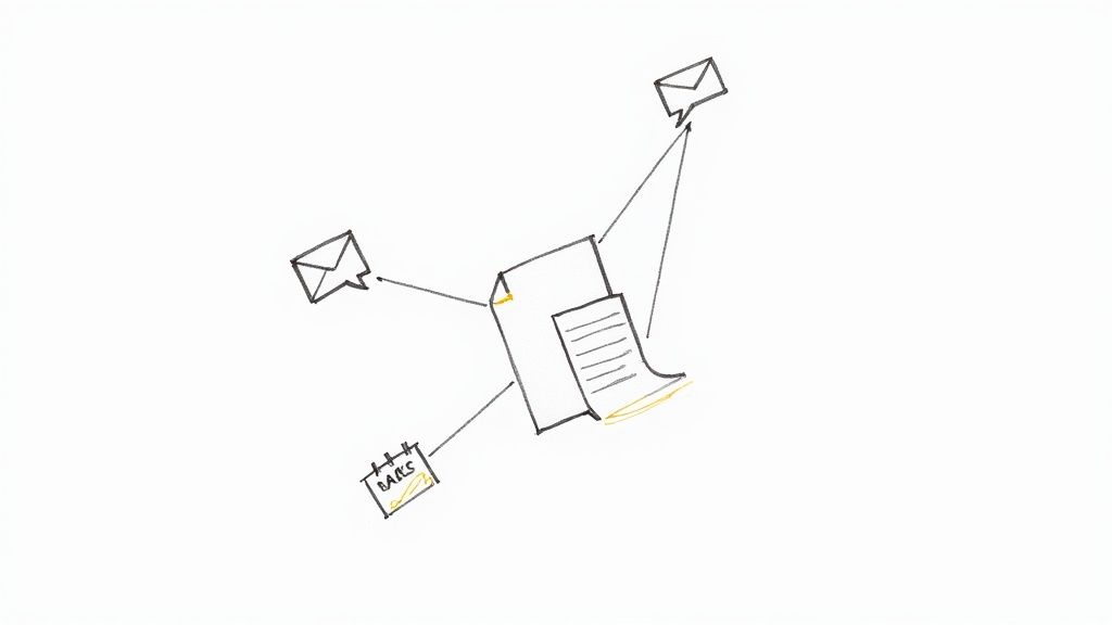 A hand-drawn sketch illustrating meeting documents at the center, linked to emails and a calendar.