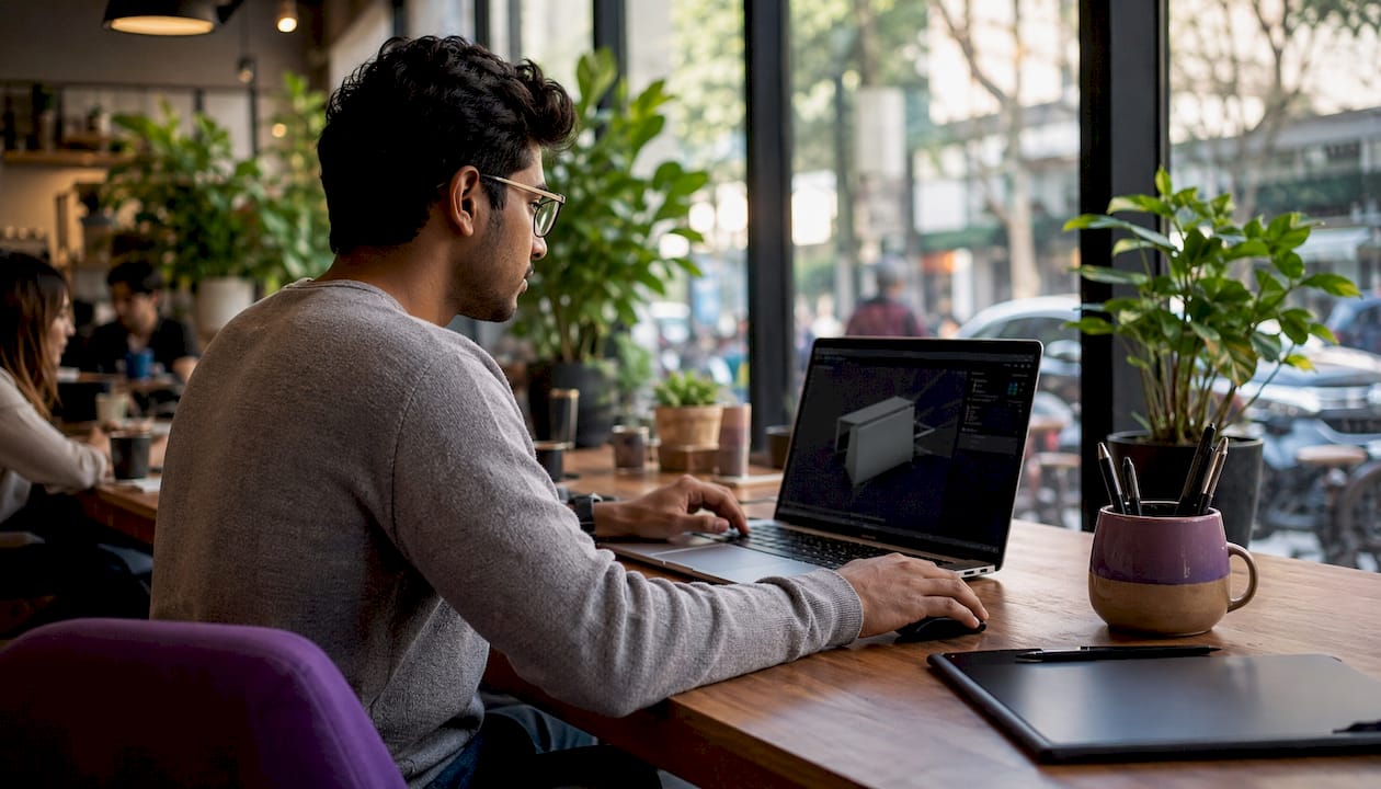 Man working at coworking desk with laptop and tablet