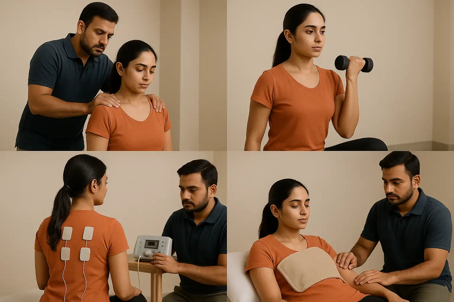 Collage showing different physiotherapy treatments for pain relief: therapist performing knee therapy, woman doing strength exercises with dumbbells, patient receiving TENS electrical stimulation on her back, and practicing proper ergonomic posture at a computer.