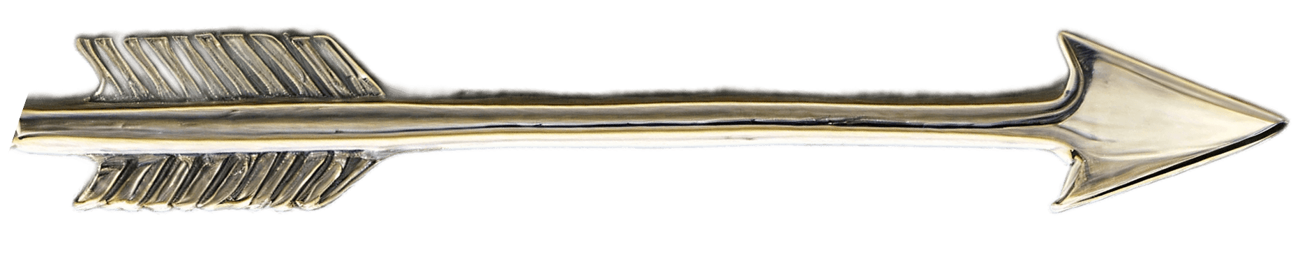 A metallic arrow with a detailed feathered tail and pointed tip, showcasing intricate craftsmanship against a plain background.