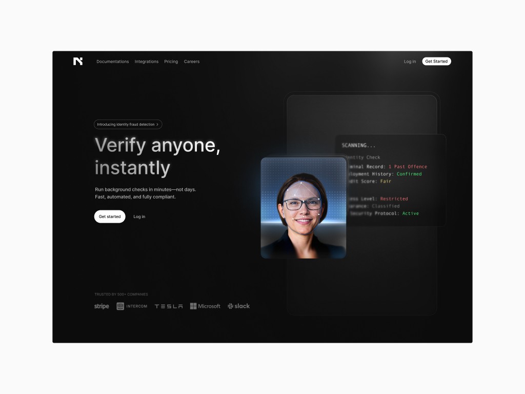 Dark Nexus background-check website hero with identity verification dashboard and candidate profile