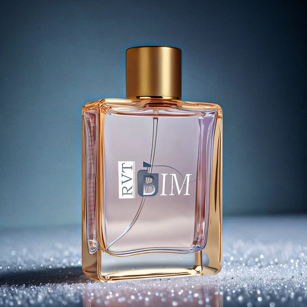 A bottle of SIM perfume by RVT sits on a dark red fabric. The bottle is rectangular with a gold cap.