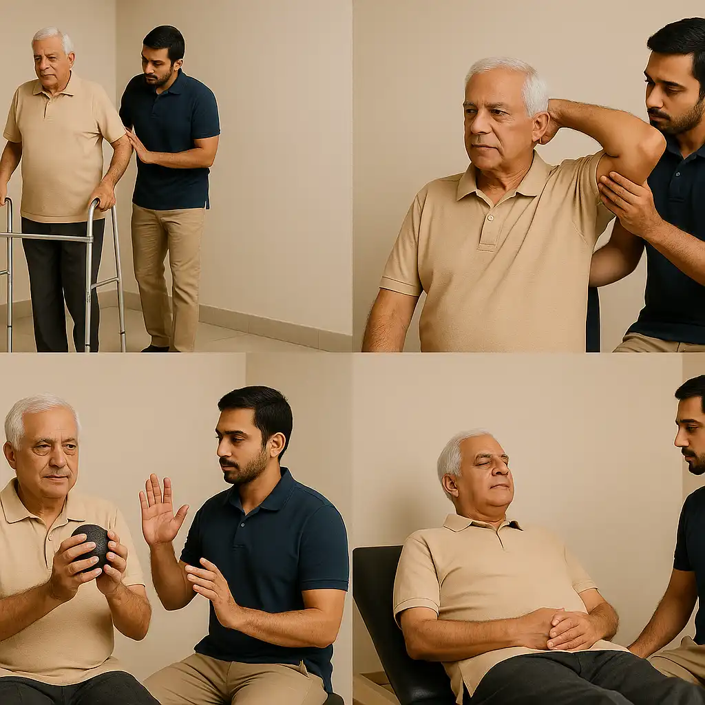 Collage showing physiotherapy exercises for Parkinson’s — balance training, gait support, fine motor control and flexibility therapy.