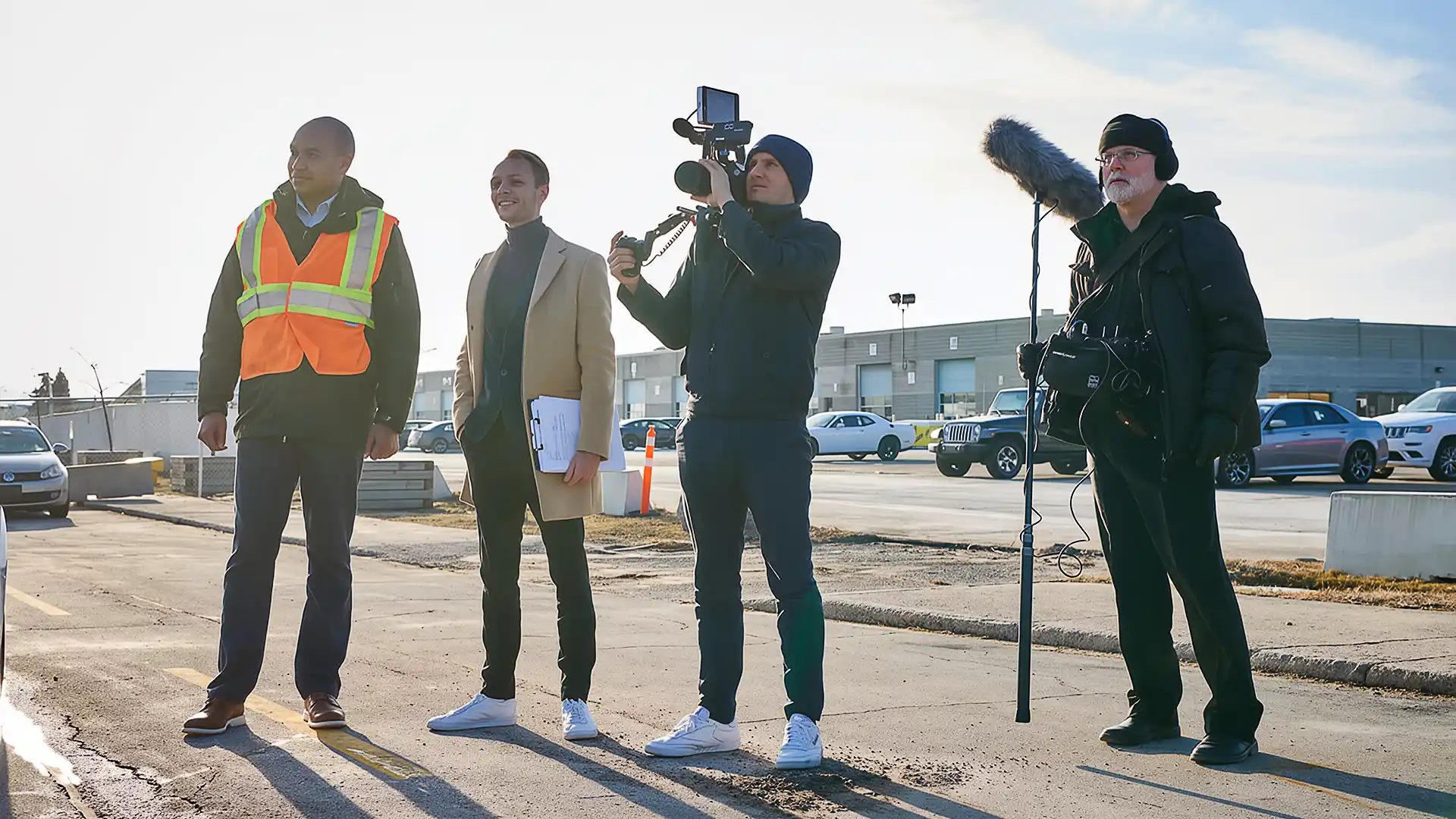 Film crew recording a Cox Automotive colleague speaking outdoors at an industrial site.