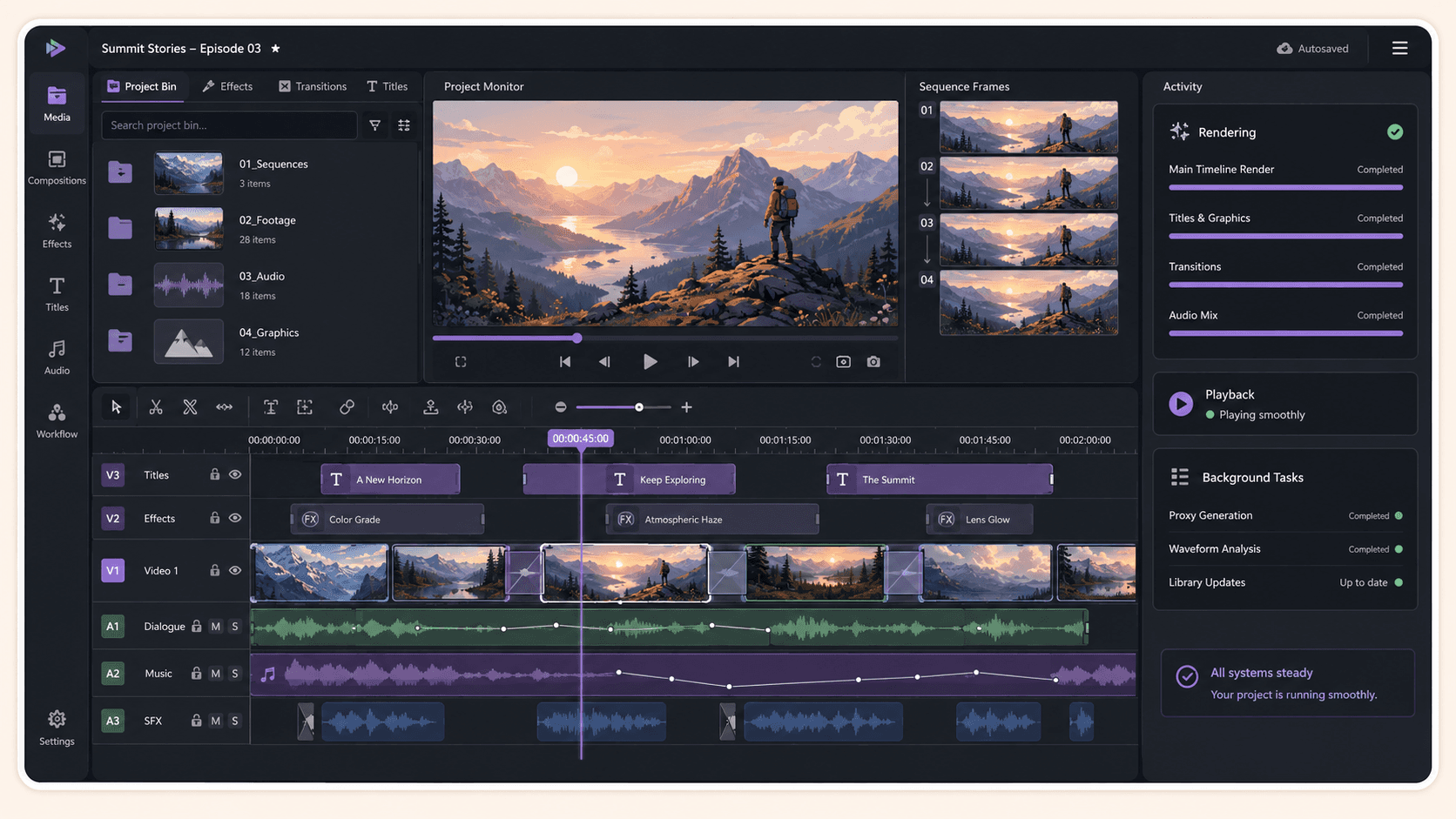 Organized Kdenlive project with media bins, layered video and audio tracks, rendered sequence previews, and completed background tasks.